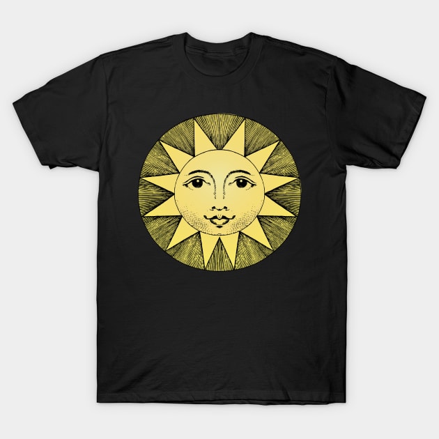 celestial yellow sun with face line drawing vintage black T-Shirt by opptop